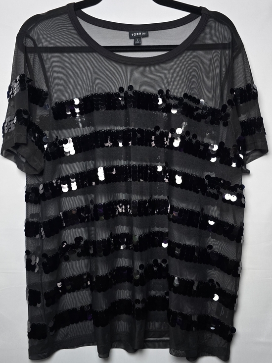 torrid Tops - Torrid Black Sequin Stripe Mesh Short Sleeve Top, Sz 1x